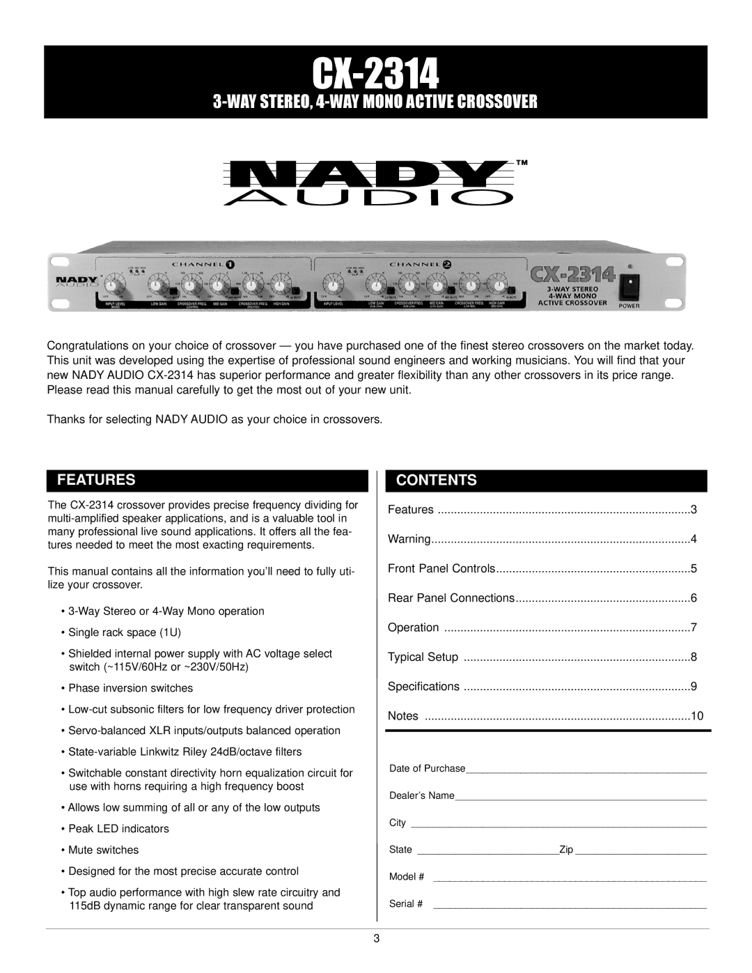 Nady Systems CX-2314 owner manual Features, Contents 