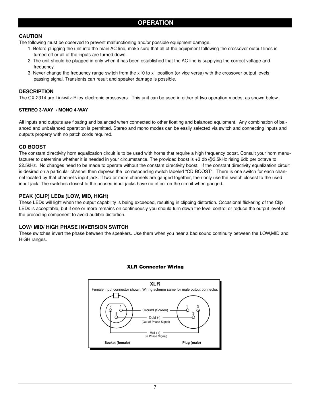 Nady Systems CX-2314 owner manual Operation, Description, CD Boost, LOW/ MID/ High Phase Inversion Switch, Xlr 