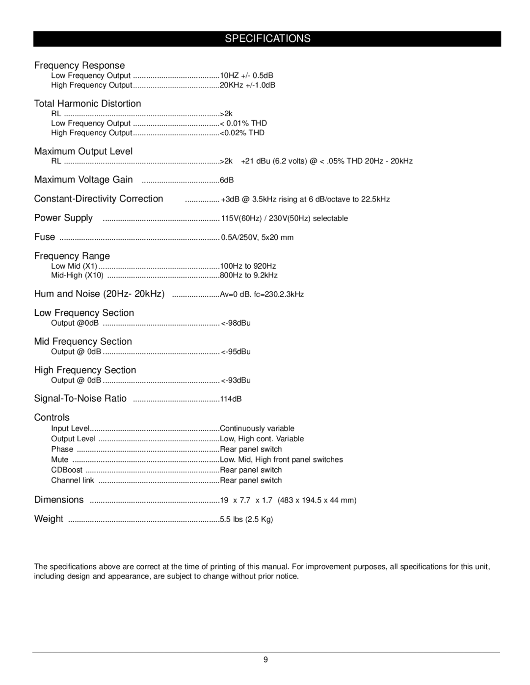 Nady Systems CX-2314 owner manual Specifications, Constant-Directivity Correction 