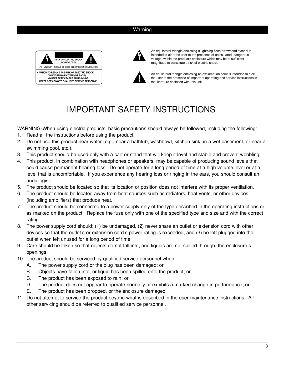 Nady Systems CX-23SW owner manual Important Safety Instructions 