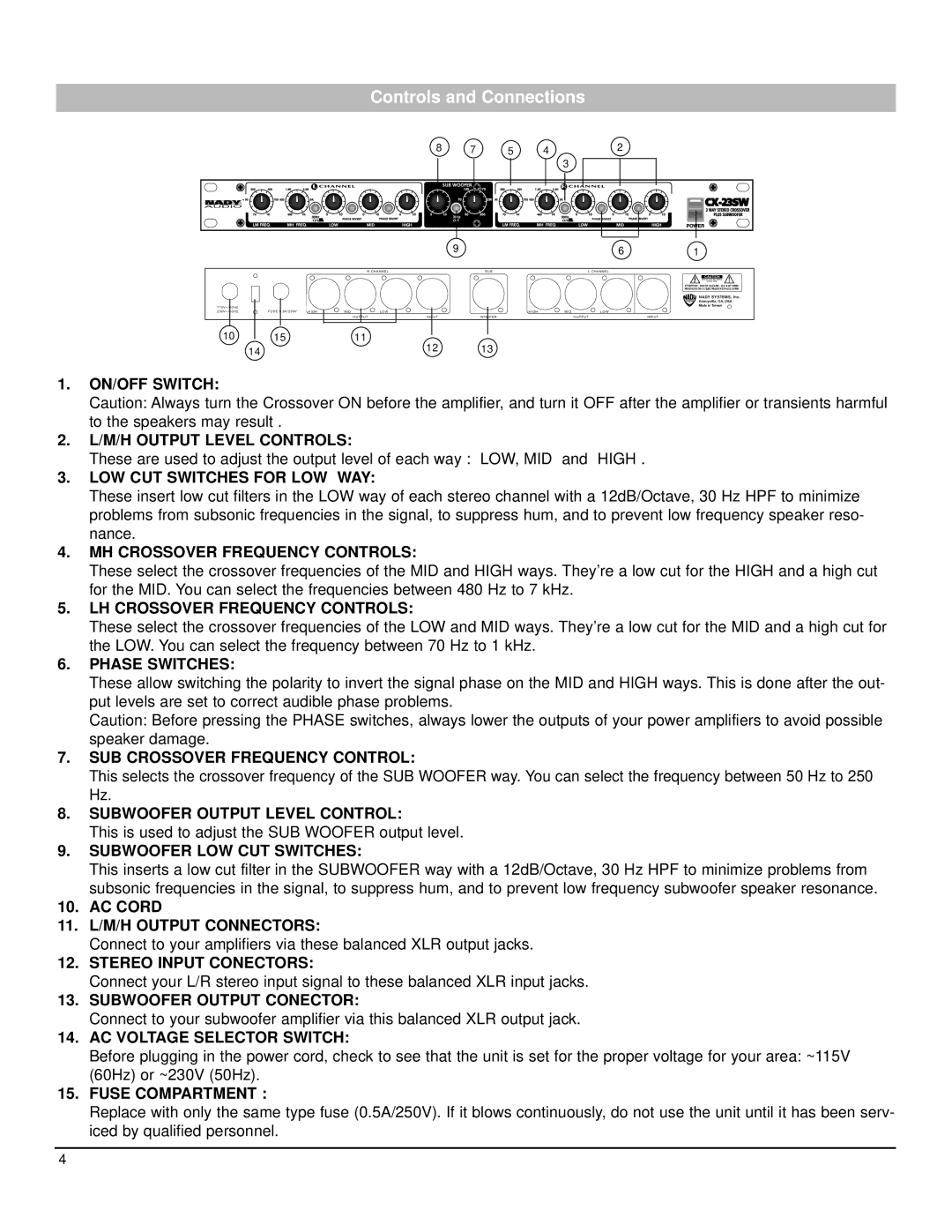 Nady Systems CX-23SW owner manual Controls and Connections 