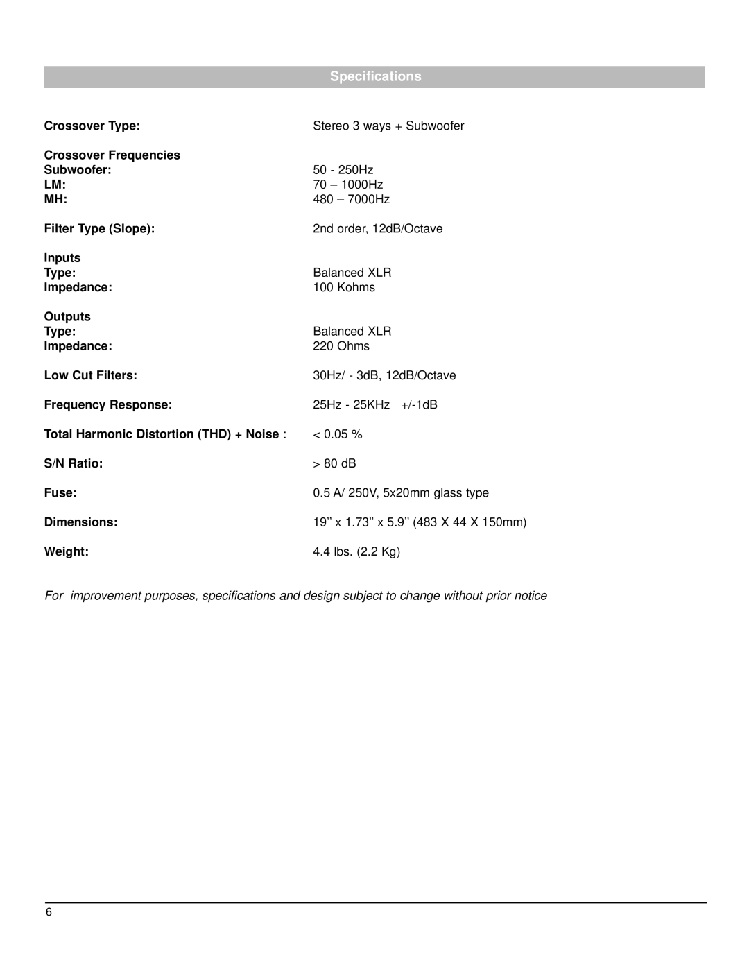 Nady Systems CX-23SW owner manual Specifications 