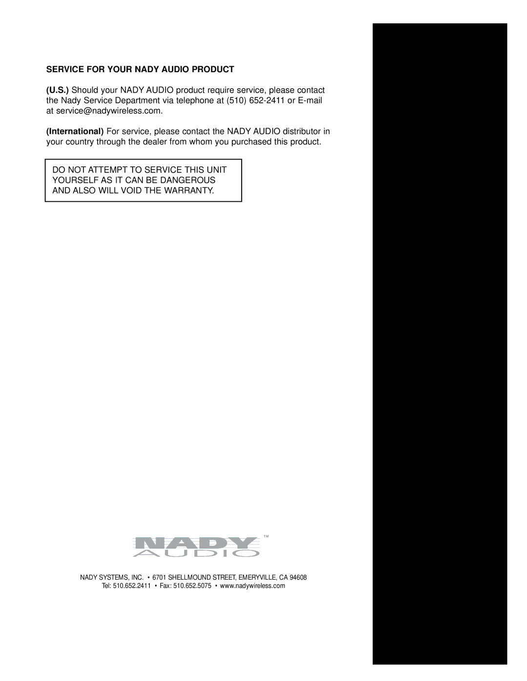 Nady Systems CX-23SW owner manual Service for Your Nady Audio Product 