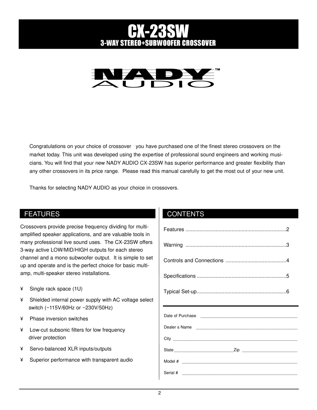 Nady Systems CX-23SW owner manual Features, Contents 