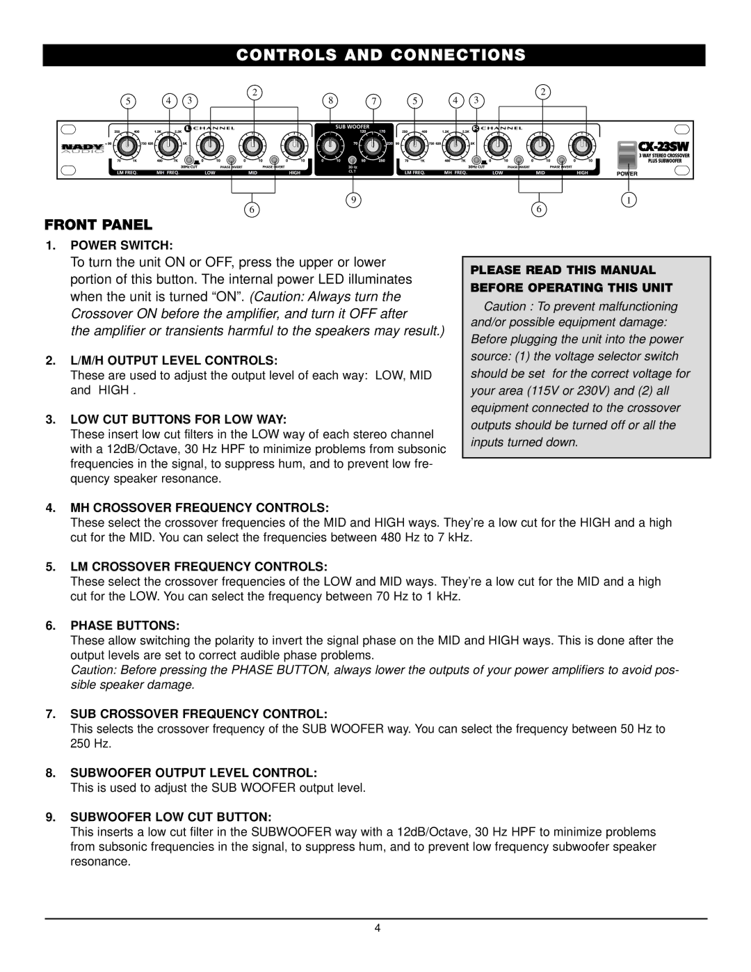 Nady Systems CX-23SW owner manual Controls and Connections, Front Panel 