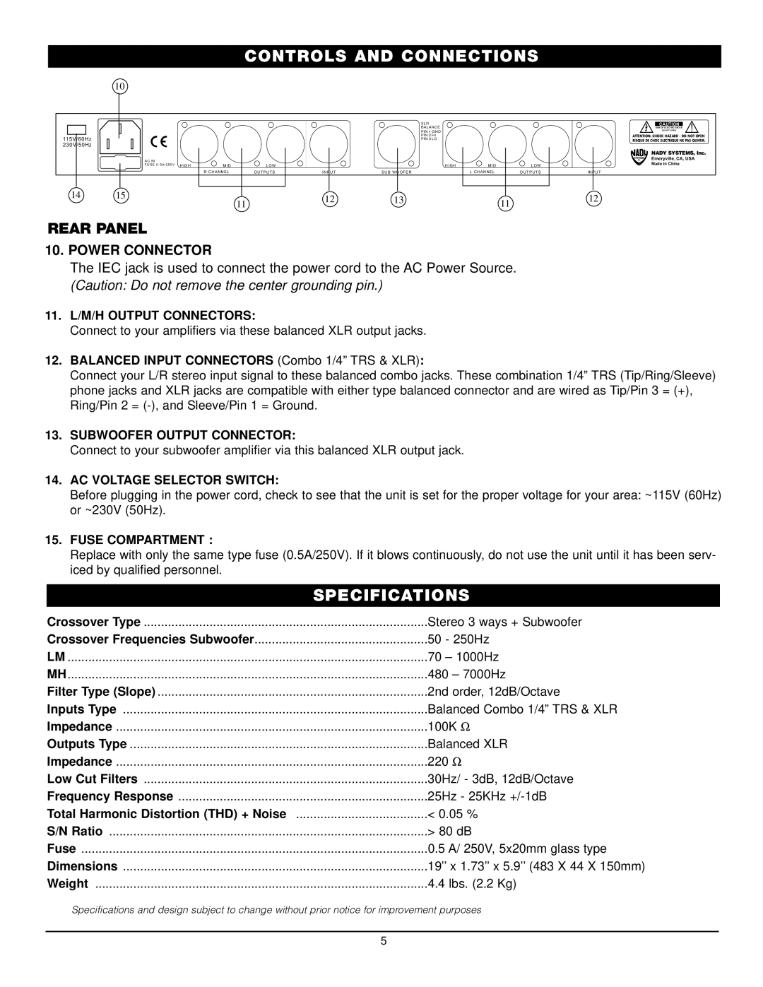 Nady Systems CX-23SW owner manual Specifications, Rear Panel 