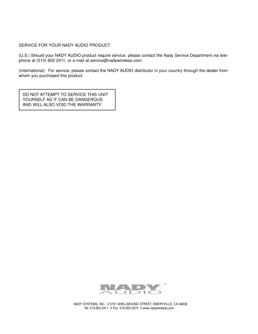 Nady Systems CX-23SW owner manual Service for Your Nady Audio Product 