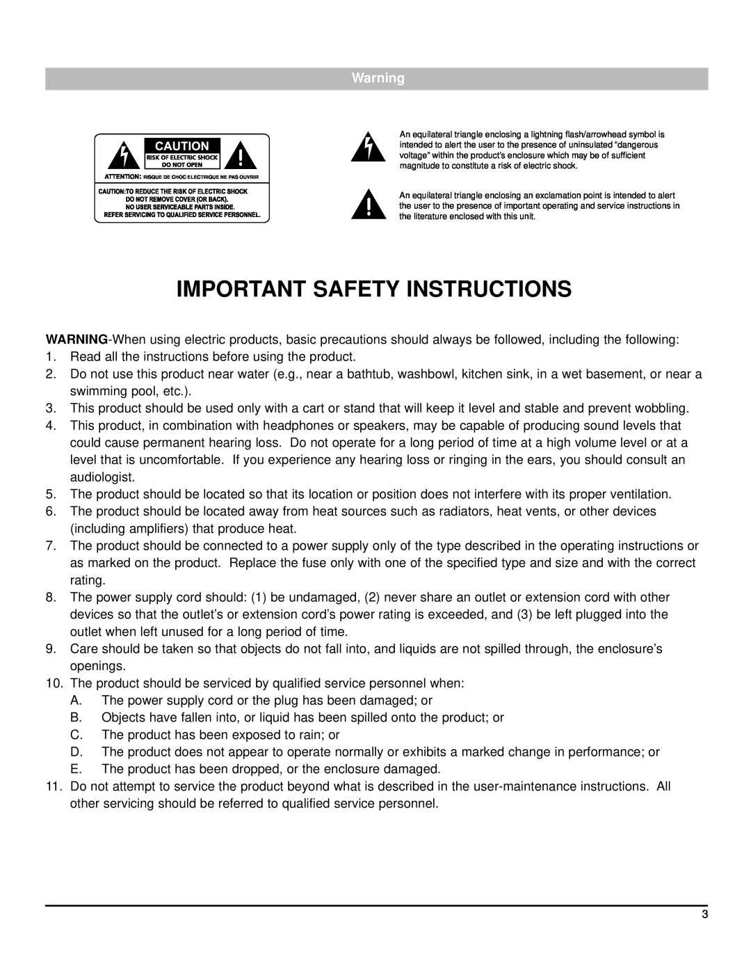 Nady Systems CX-23SW owner manual Important Safety Instructions 