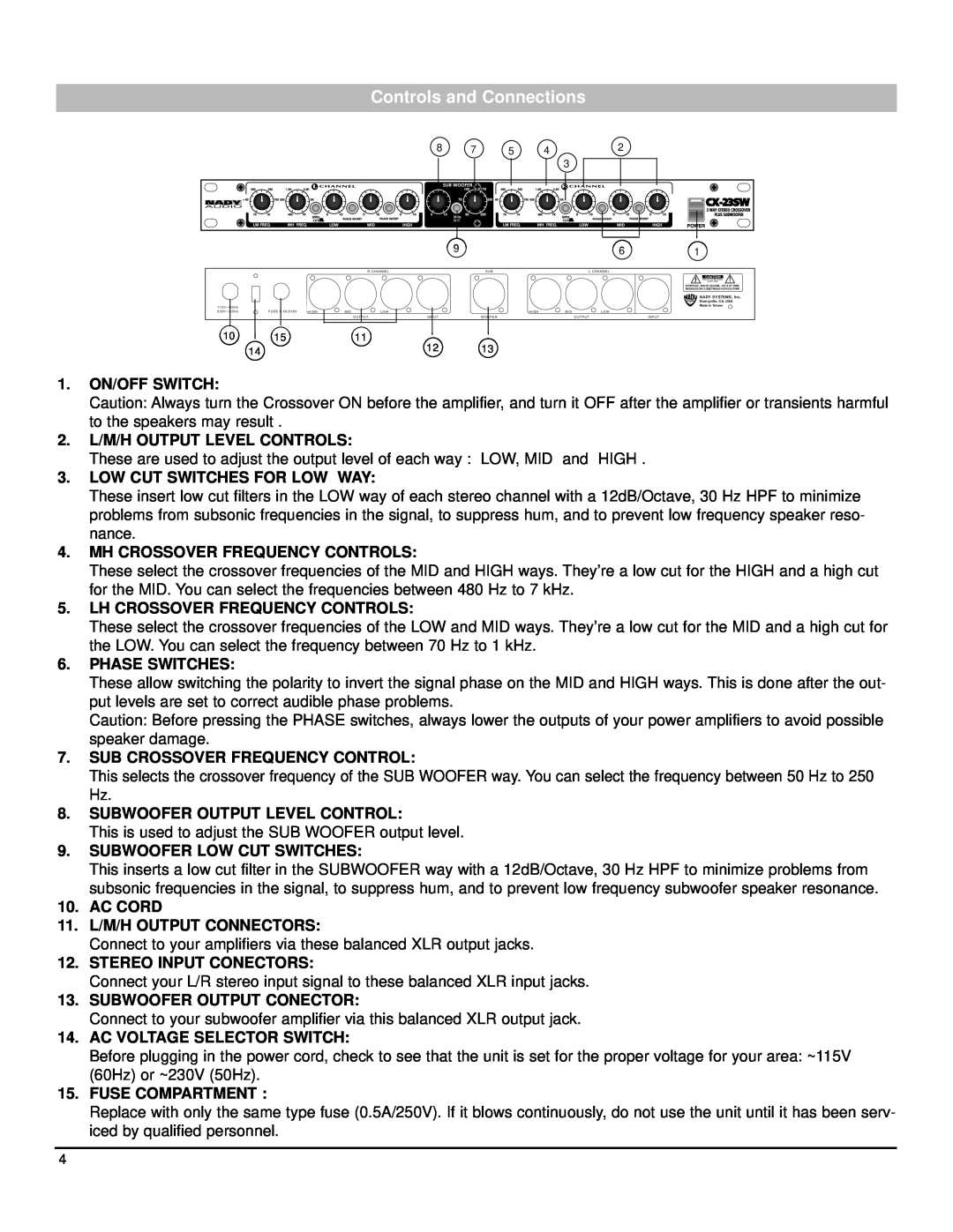 Nady Systems CX-23SW owner manual Controls and Connections 