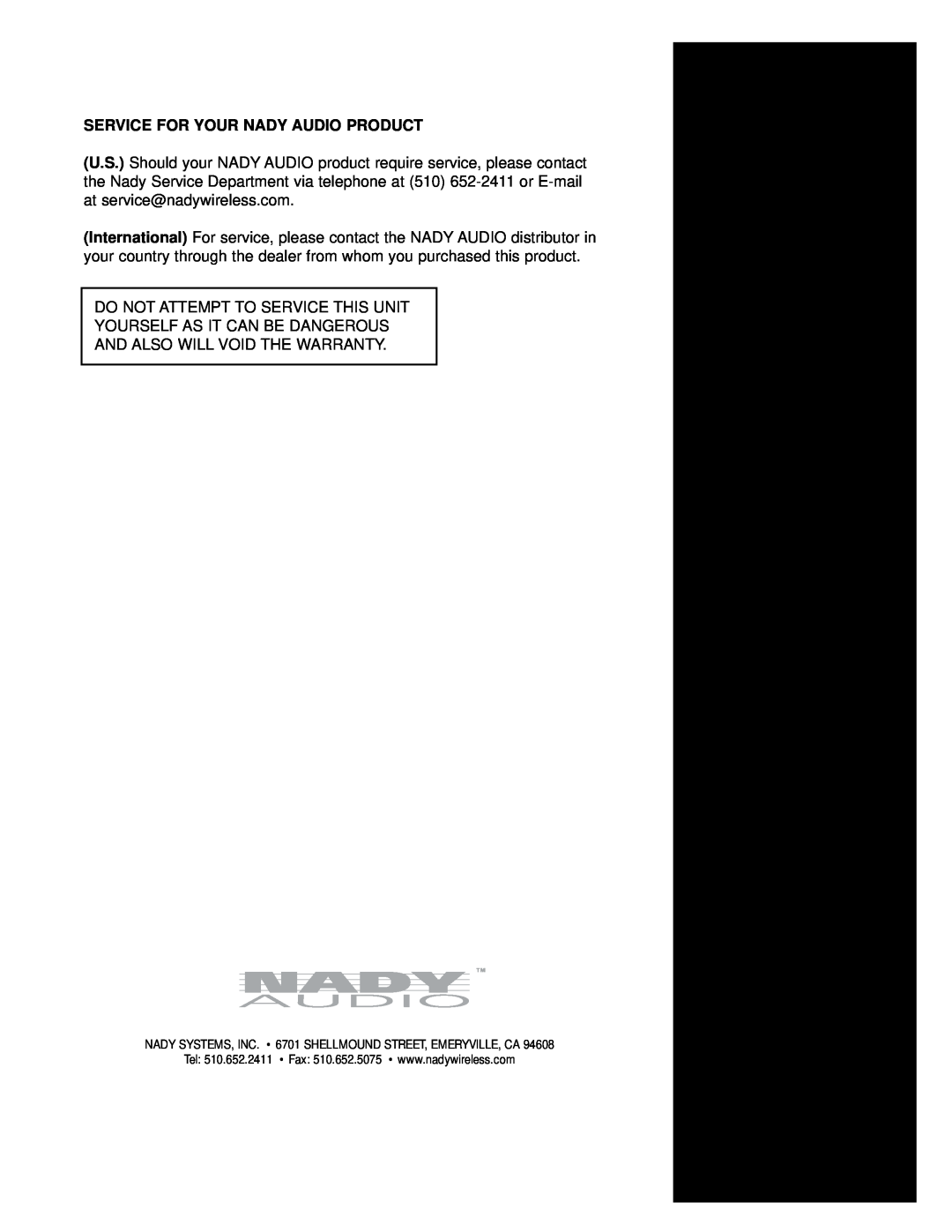 Nady Systems CX-23SW owner manual Service For Your Nady Audio Product 