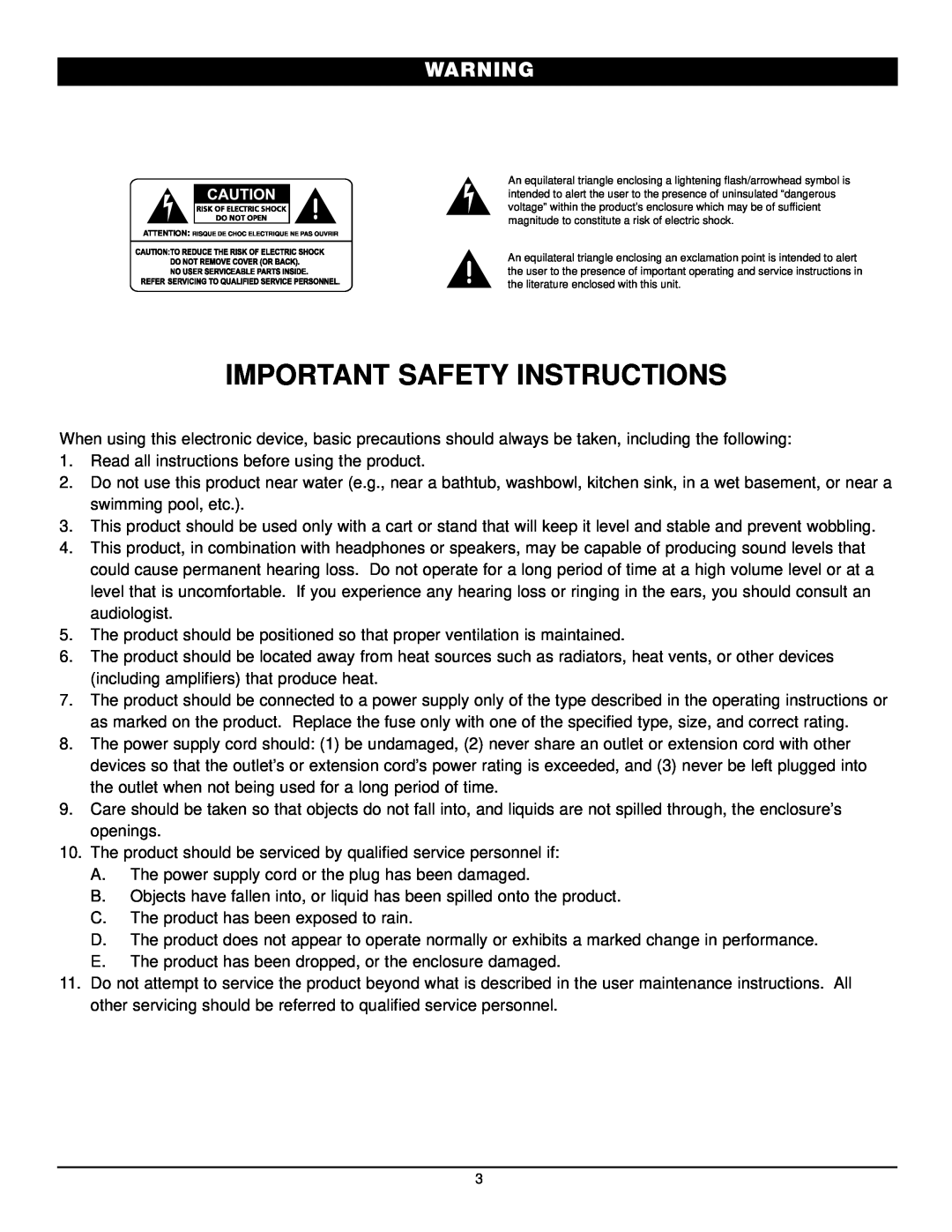 Nady Systems CX-23SW owner manual Important Safety Instructions 