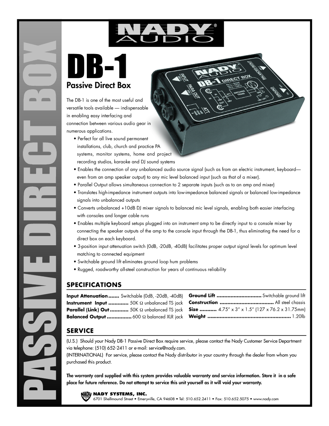 Nady Systems DB1 specifications Passive Direct BOX, DB-1, Passive Direct Box, Specifications, Service 