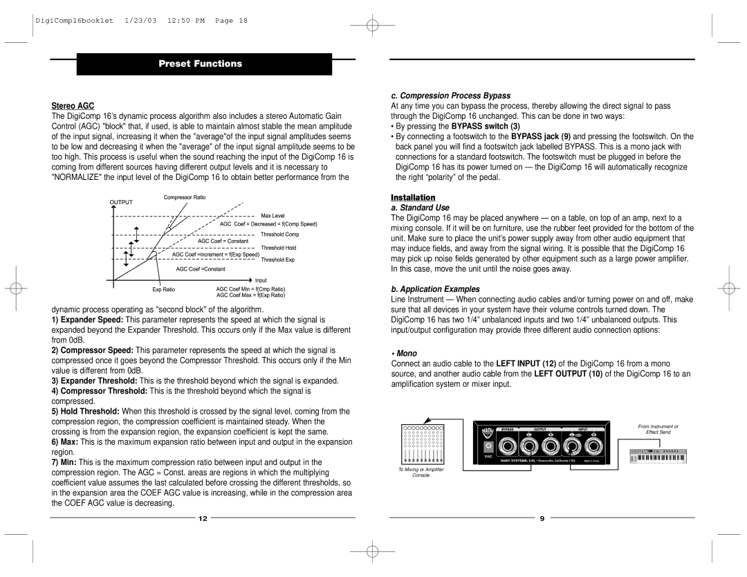 Nady Systems dig comp 16 Preset Functions, Compression Process Bypass, Standard Use, Application Examples, Mono 