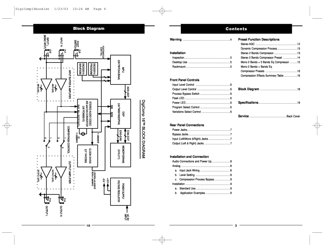 Nady Systems dig comp 16 Block Diagram, Contents, DigiComp16booklet 1/23/03 10 26 AM Page, Preset Function Descriptions 