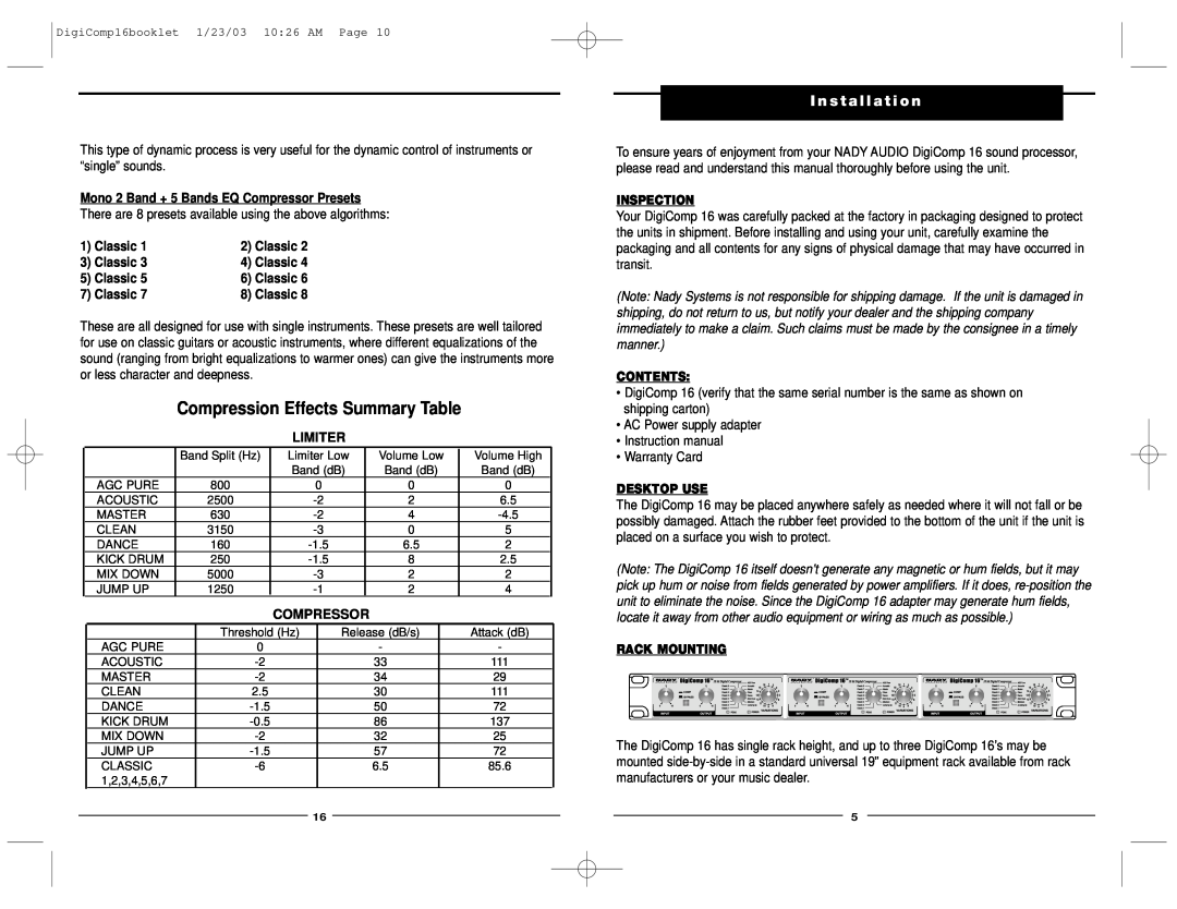 Nady Systems dig comp 16 owner manual I n s t a l l a t i o n, Limiter, Compressor, Compression Effects Summary Table 