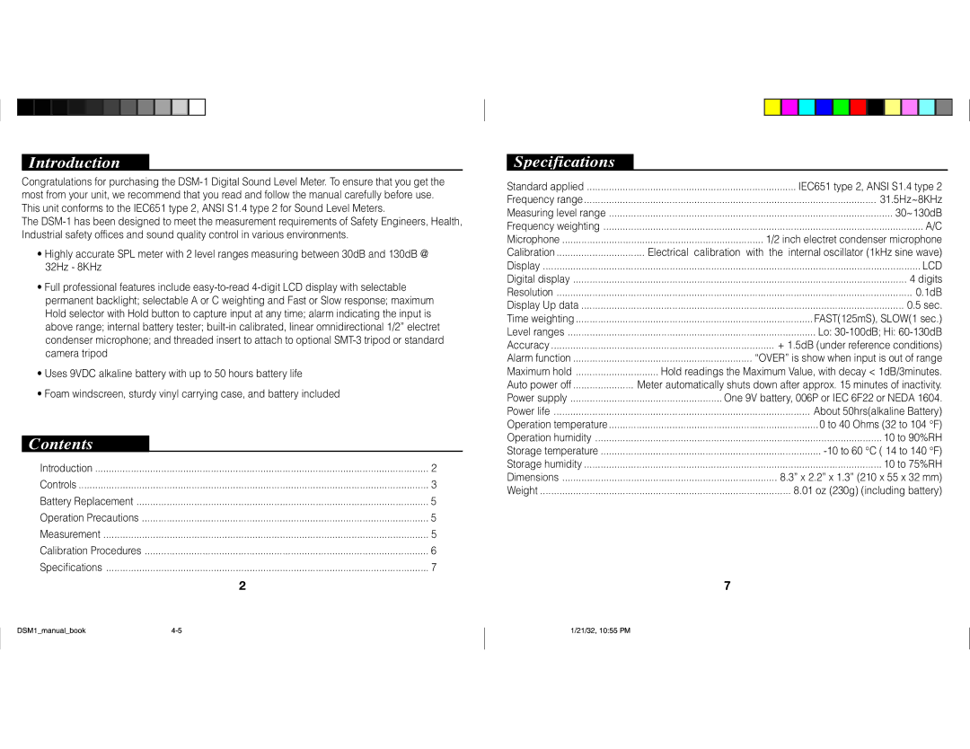 Nady Systems Digital Sound Level Meter DSM-1 owner manual Introduction, Contents, Specifications 