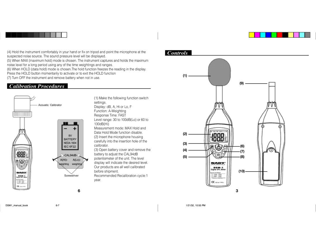 Nady Systems Digital Sound Level Meter DSM-1 owner manual Calibration Procedures, Controls 