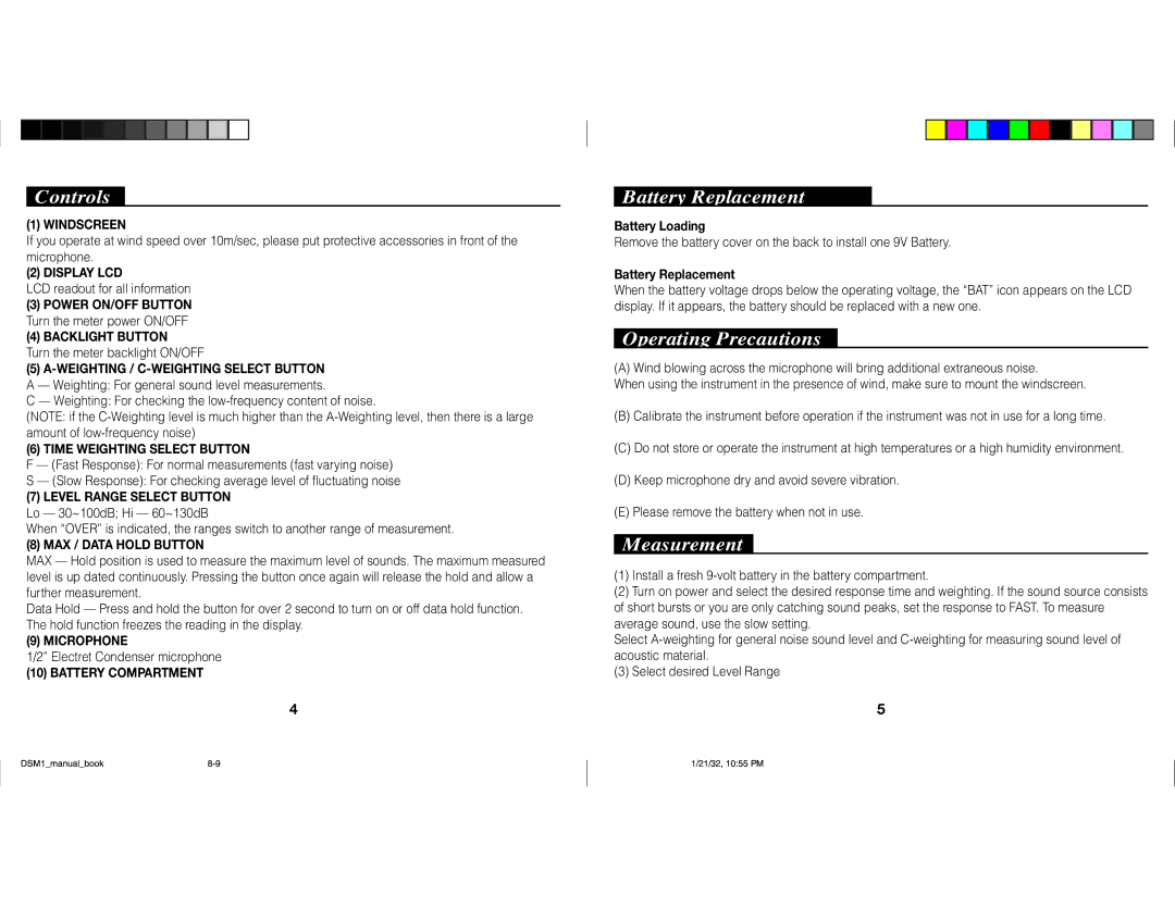 Nady Systems Digital Sound Level Meter DSM-1 owner manual Battery Replacement, Operating Precautions, Measurement 