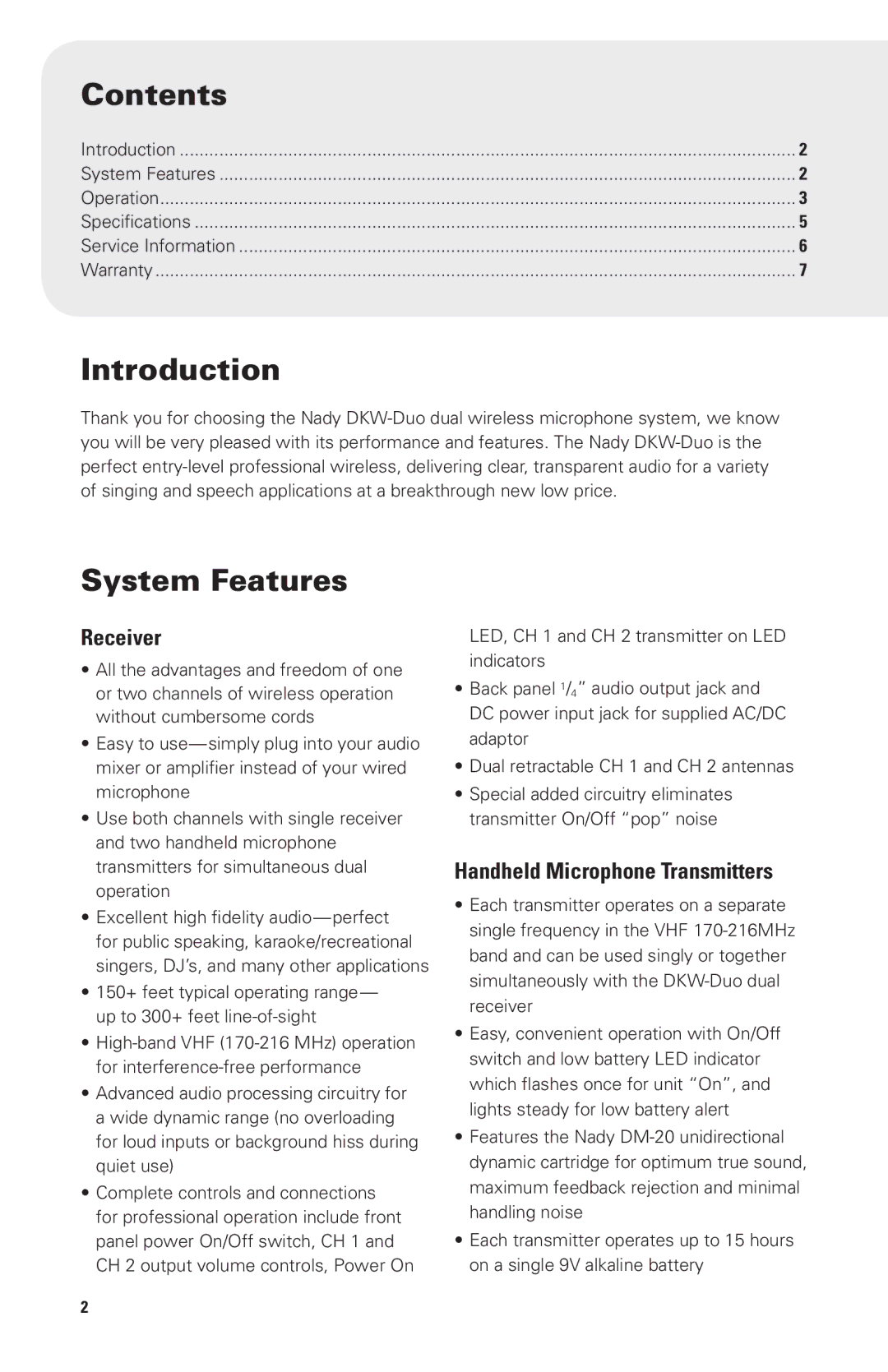 Nady Systems dkw-duo, dual wireless microphone system owner manual Contents, Introduction, System Features 