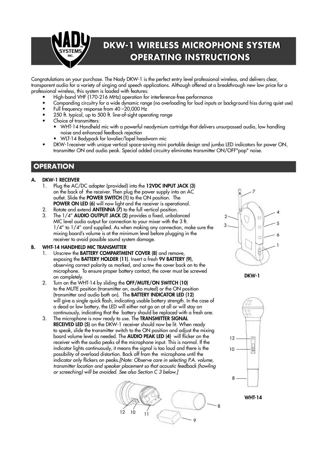 Nady Systems DKW1HTHSYS operating instructions DKW-1 Wireless Microphone System Operatingi Instructionsi, Operation 