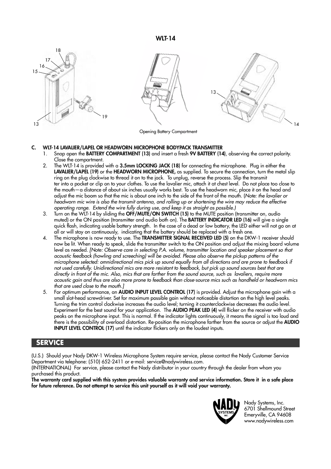 Nady Systems DKW1HTBSYS, DKW1HTDSYS, DKW1HTHSYS, DKW1HTASYS115, DKW1HTNSYS, DKW1HTESYS115 operating instructions Service, WLT-14 