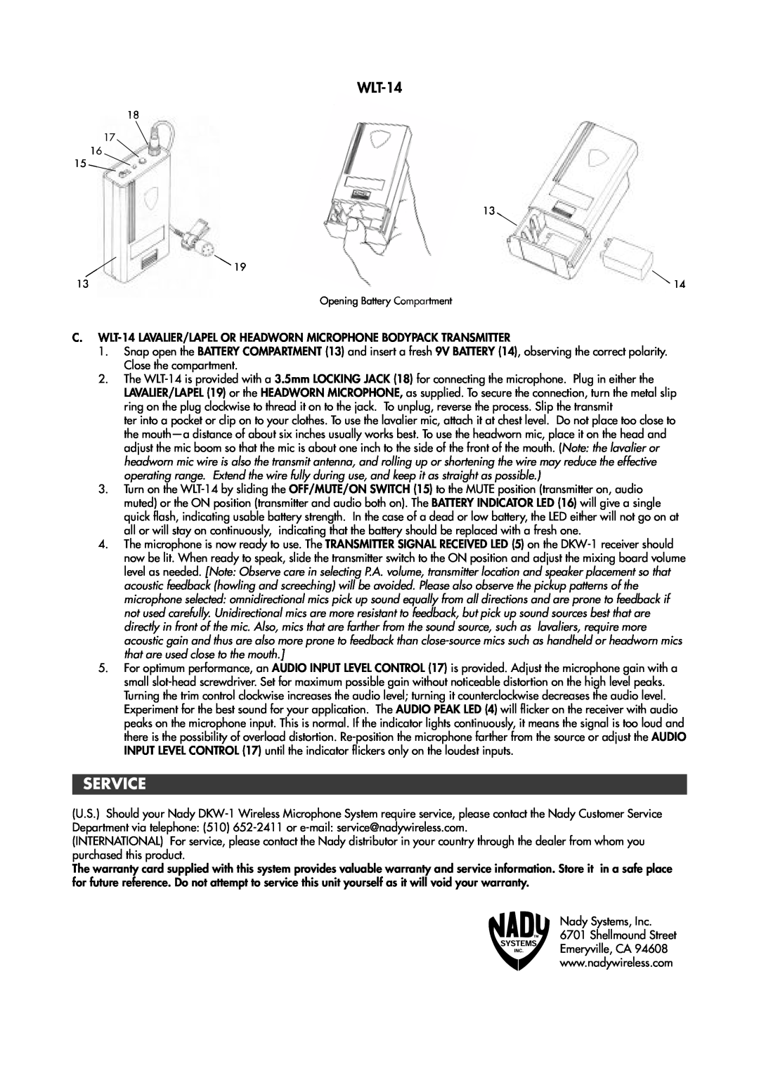Nady Systems DKW1HTBSYS, DKW1HTDSYS, DKW1HTHSYS, DKW1HTASYS115, DKW1HTNSYS, DKW1HTESYS115 operating instructions Service, WLT-14 