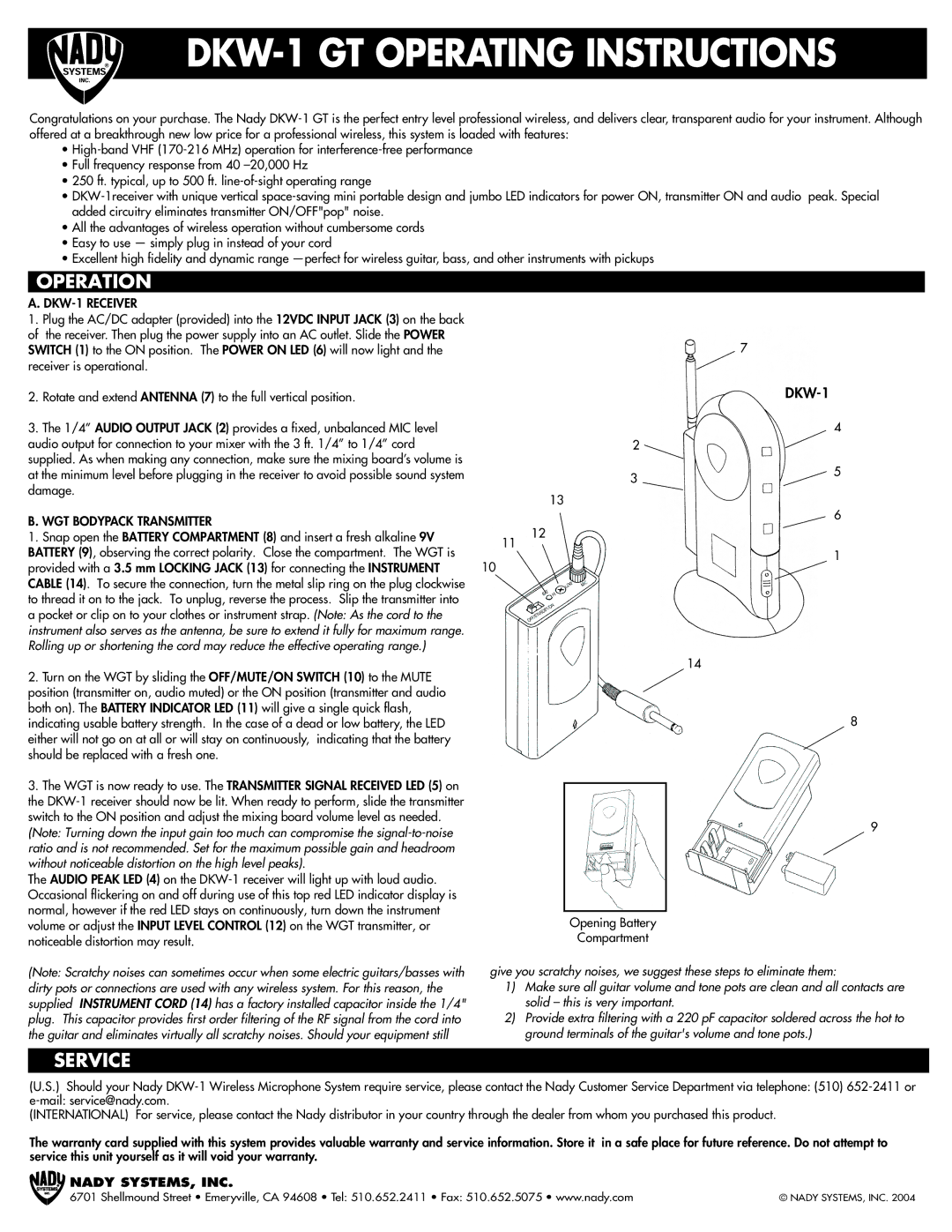 Nady Systems DKW1HTFSYS operating instructions DKW-1 GT Operating Instructions, Operation, Service 