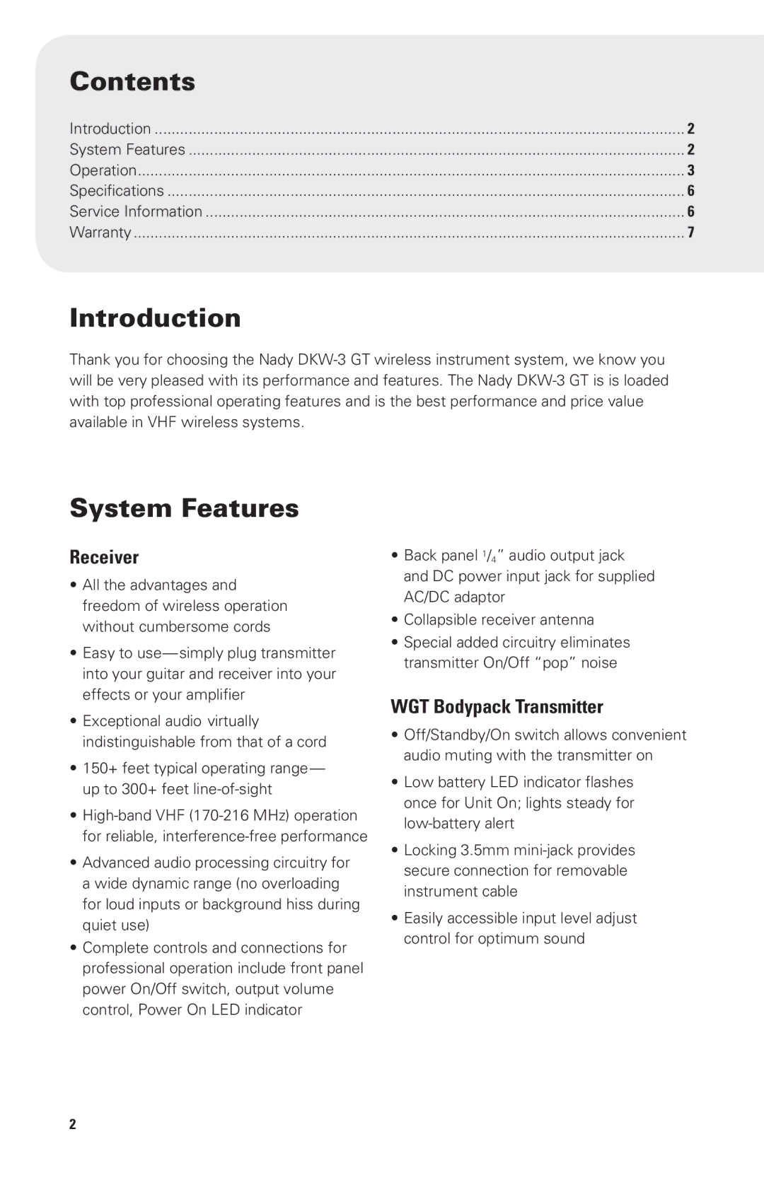 Nady Systems DKW3GTD, DKW3GTP, DKW3GTR, DKW3GTB owner manual Contents, Introduction, System Features 