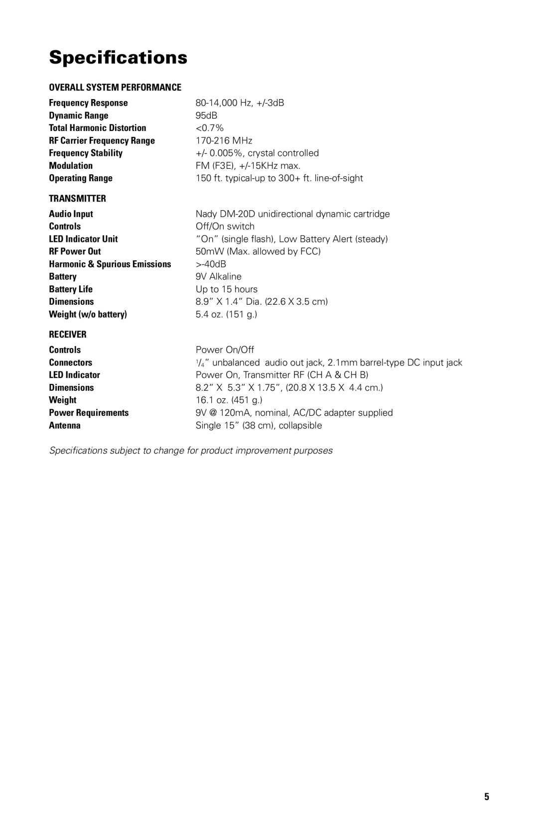 Nady Systems DKW3HTB185150MHZ, DKW3HTD, DKW3HTP, DKW3 HT, DKW3HTR owner manual Specifications, Receiver 