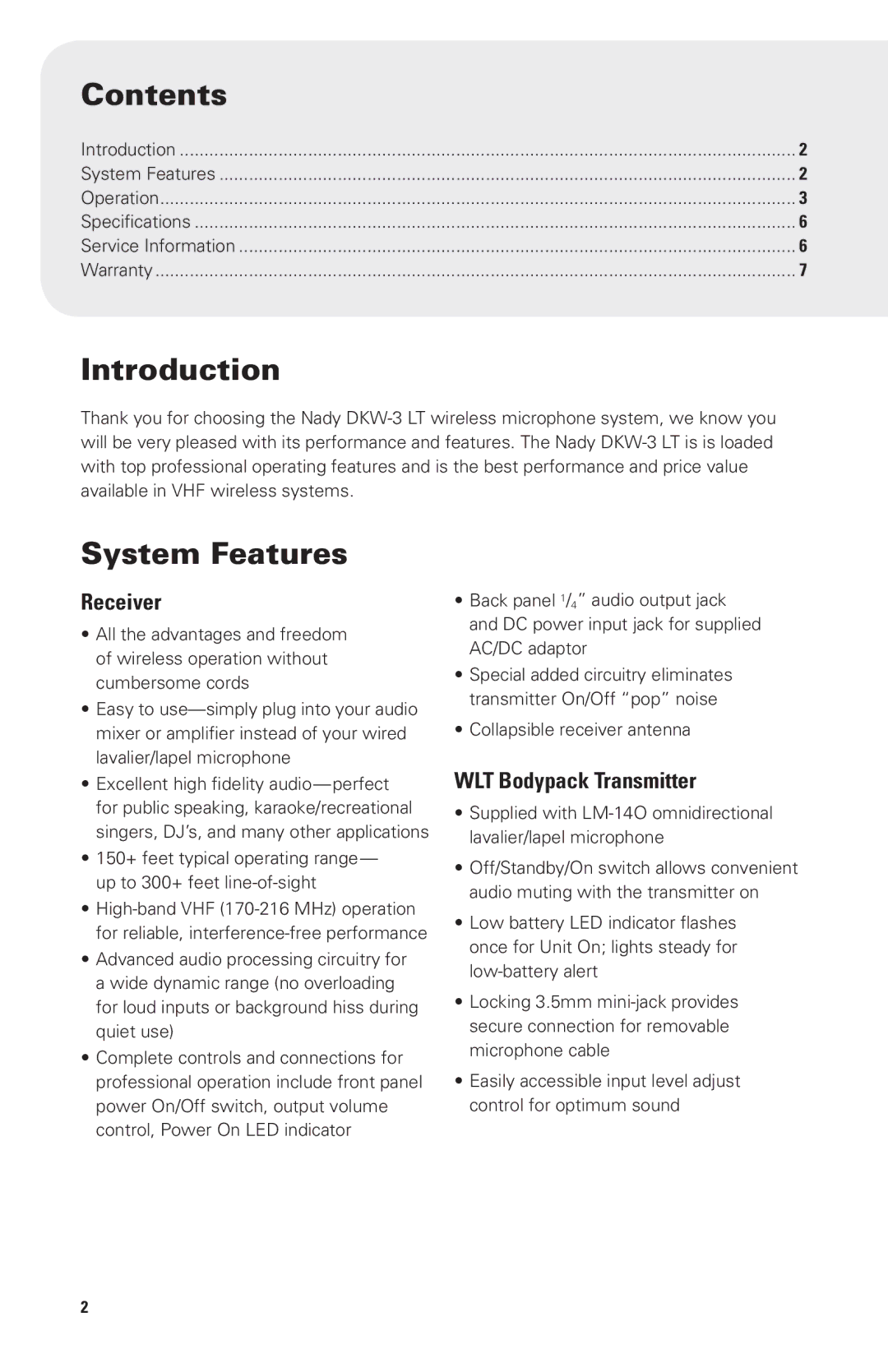 Nady Systems DKW3LTOD, DKW3LTOR, DKW3LTOP, DKW3LTOB185150MHZ owner manual Contents, Introduction, System Features 