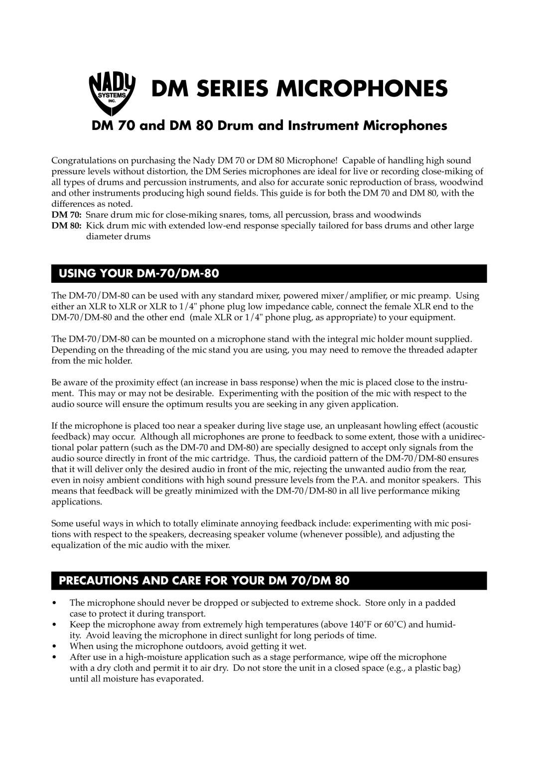 Nady Systems manual DM Series Microphones, DM 70 and DM 80 Drum and Instrument Microphones, Using Your DM-70/DM-80 