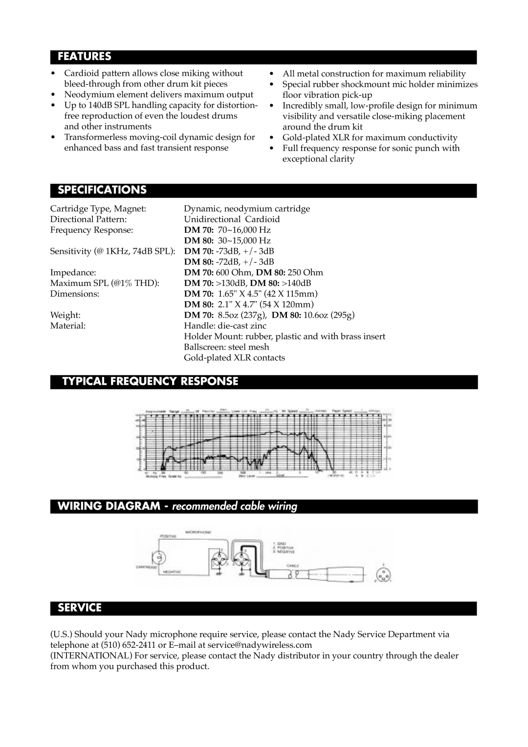 Nady Systems manual Features, Specifications, Typical Frequency Response, Service, DM 70 130dB, DM 80 140dB 