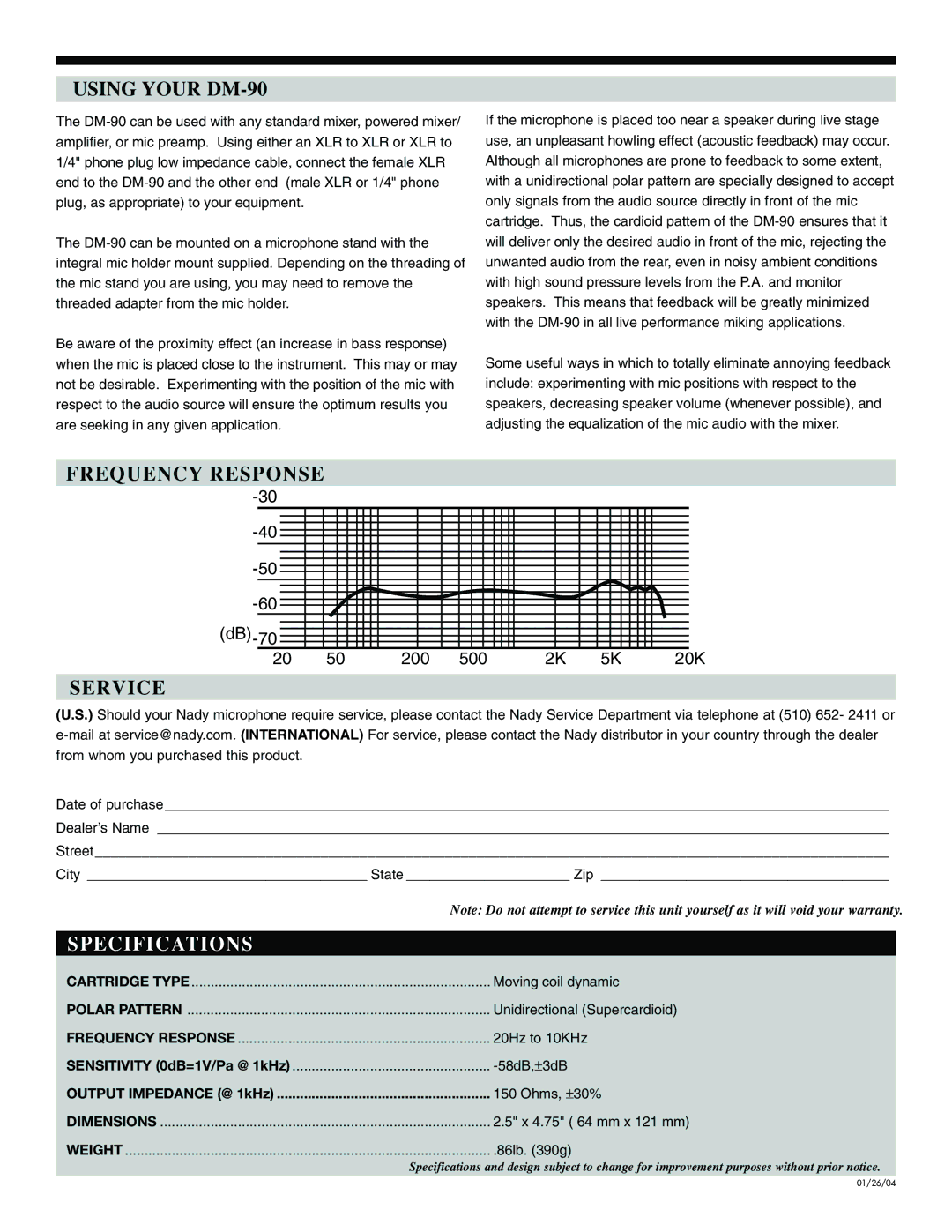 Nady Systems warranty Using Your DM-90, Frequency Response, Service, Specifications 