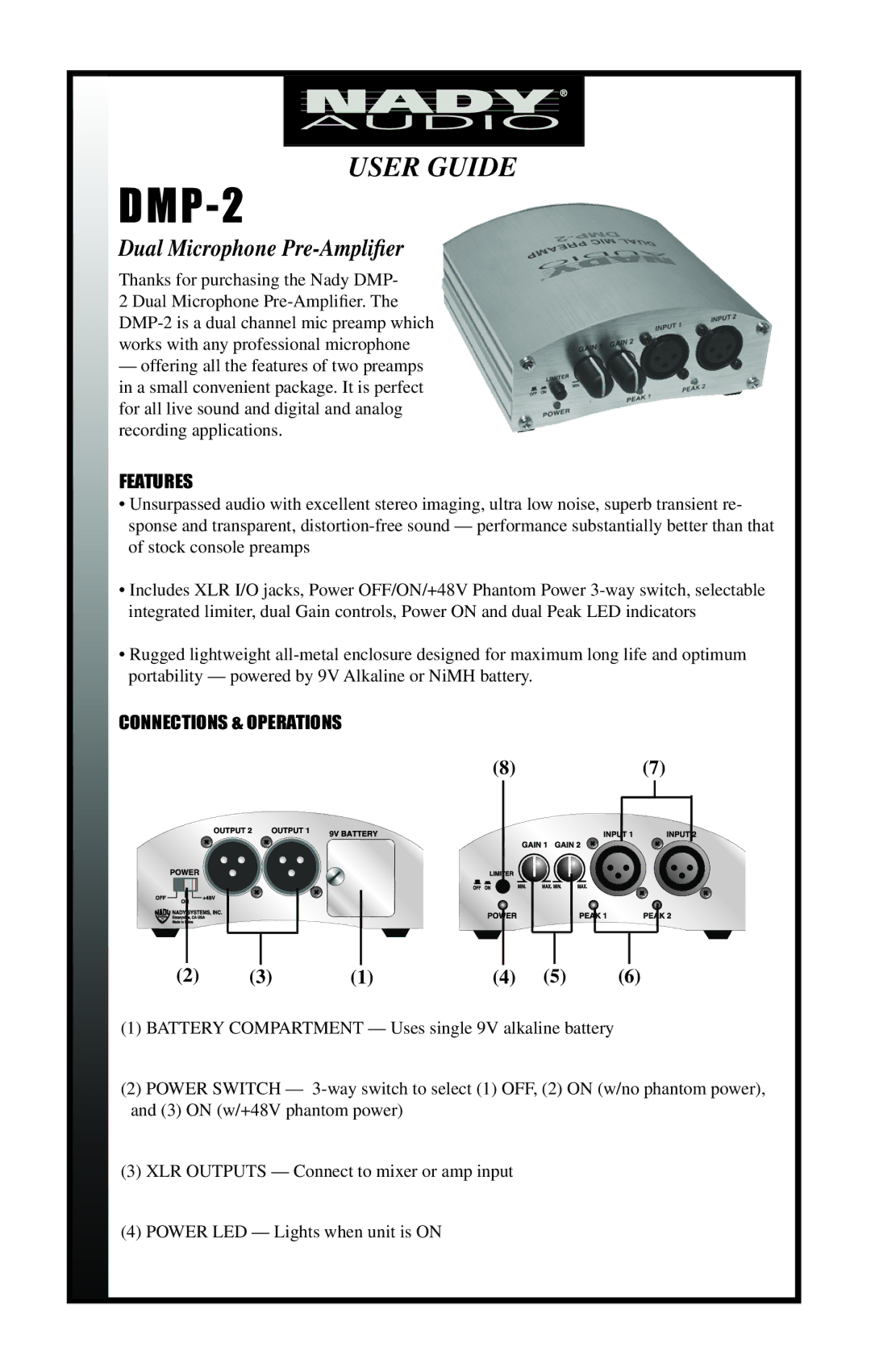 Nady Systems DMP2 manual DMP-2, Dual Microphone Pre-Ampliﬁer, Thanks for purchasing the Nady DMP, Features 