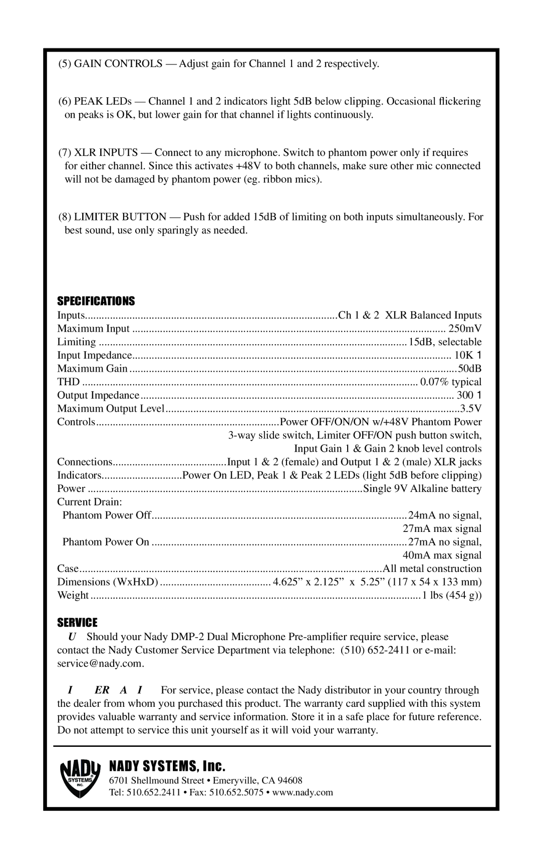 Nady Systems DMP2 manual Specifications, Thd, 07% typical, Service 