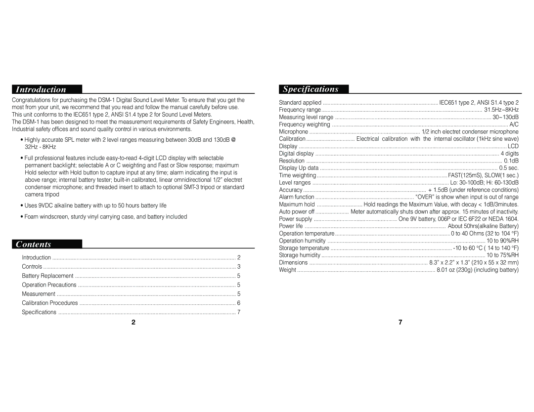 Nady Systems DSM-1 owner manual Introduction, Contents, Specifications 