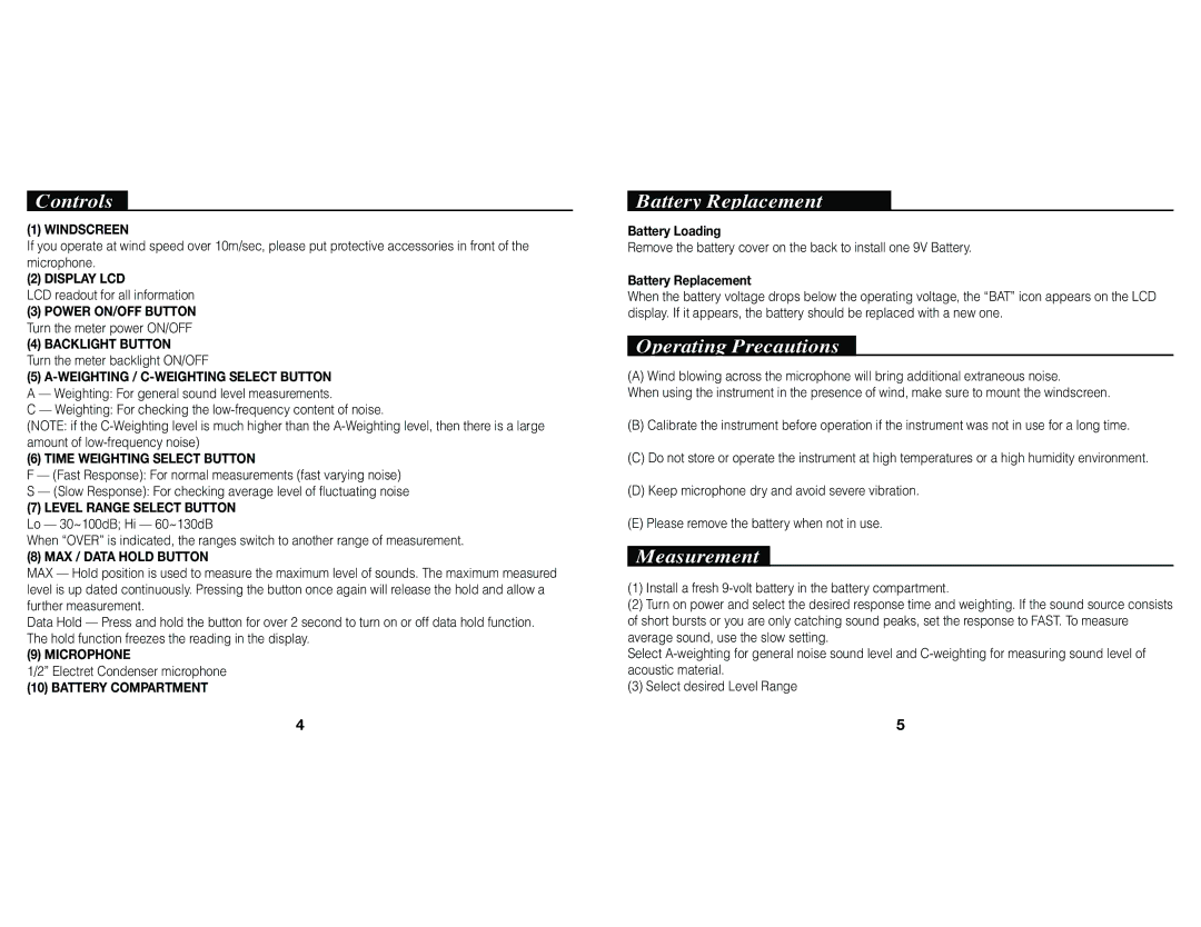 Nady Systems DSM-1 owner manual Battery Replacement, Operating Precautions, Measurement 