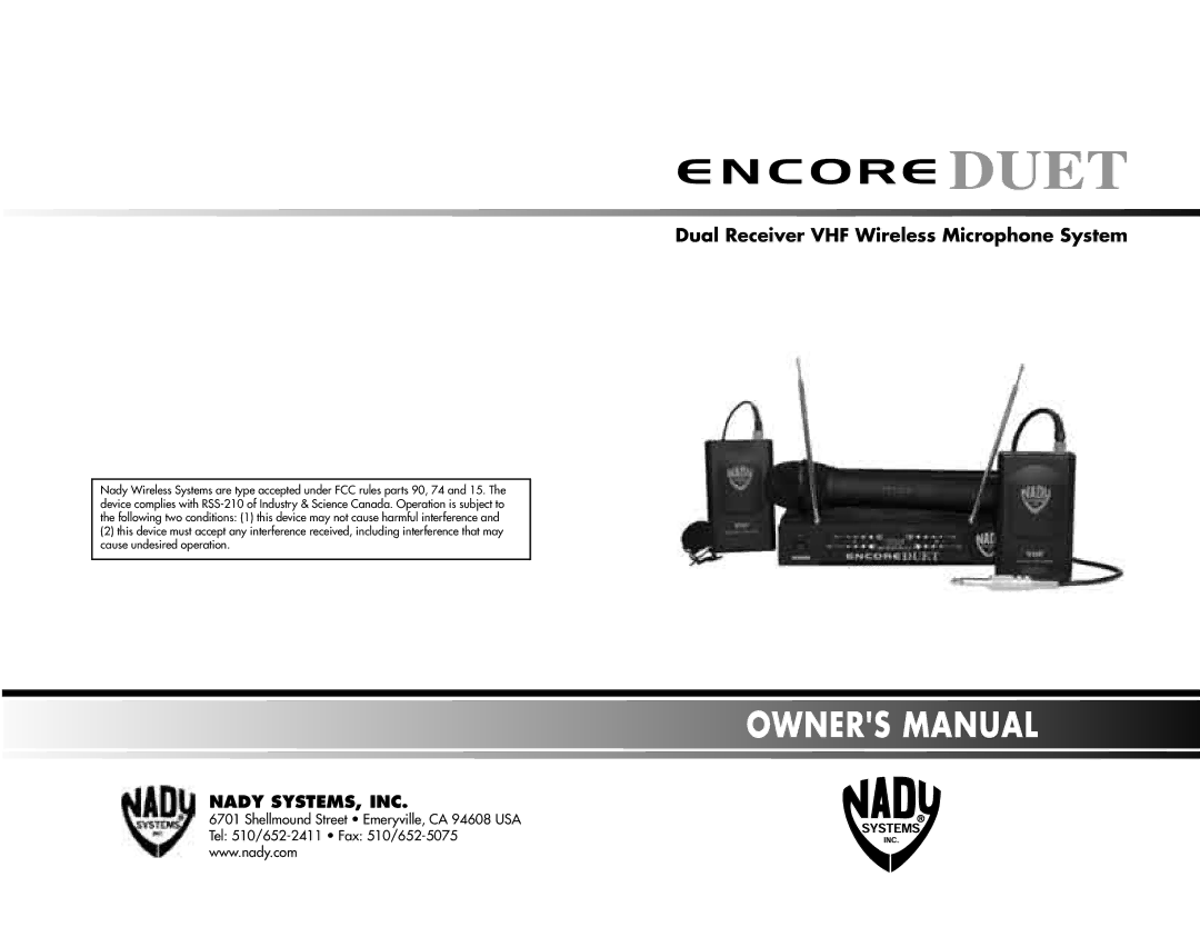 Nady Systems Encore Duet manual Dual Receiver VHF Wireless Microphone System 