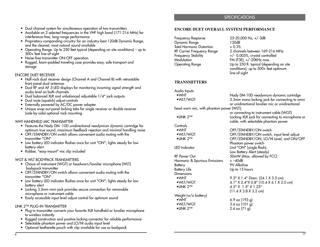 Nady Systems Encore Duet manual System Features, Specifications 