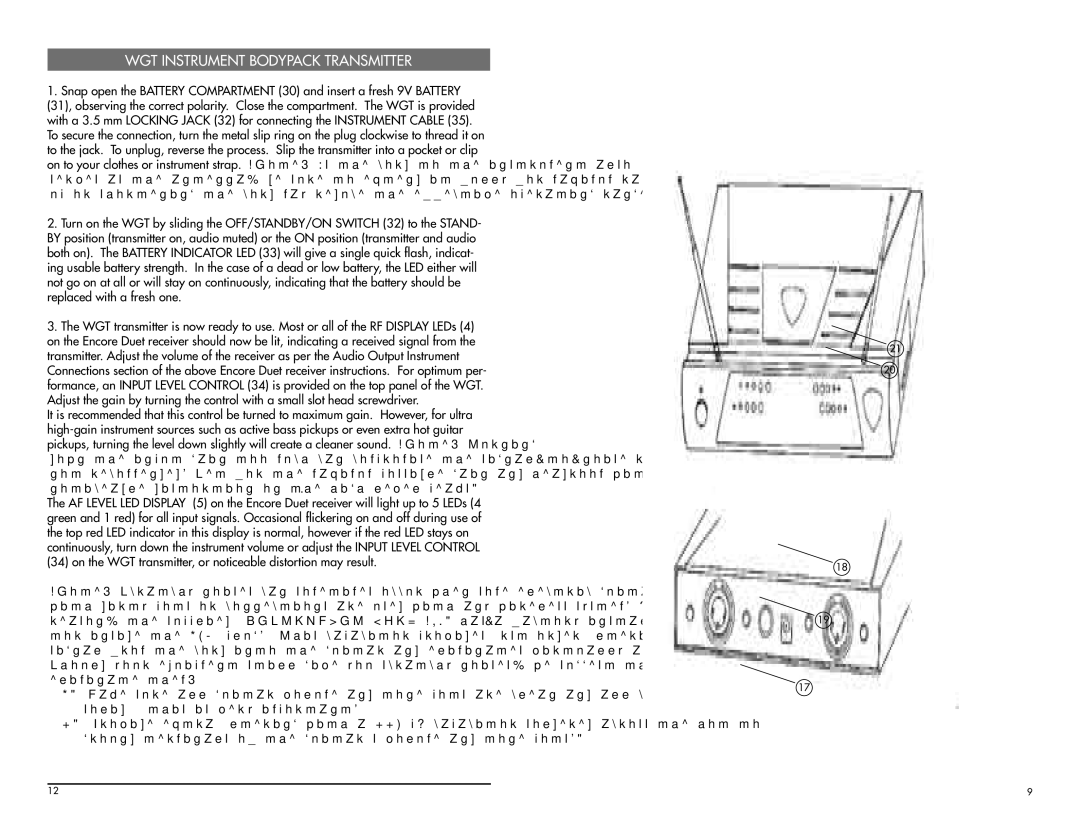 Nady Systems Encore Duet manual WGT Instrument Bodypack Transmitter 