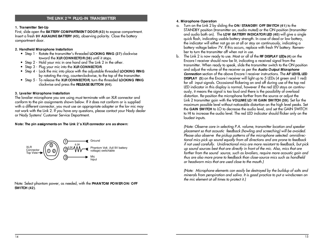 Nady Systems Encore I manual Link 2 PLUG-IN Transmitter, Microphone Operation 