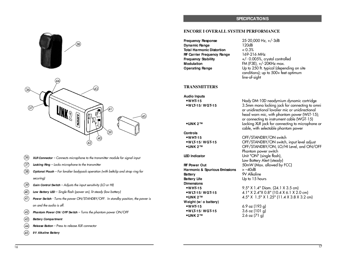 Nady Systems manual Specifications, Encore I Overall System Performance 