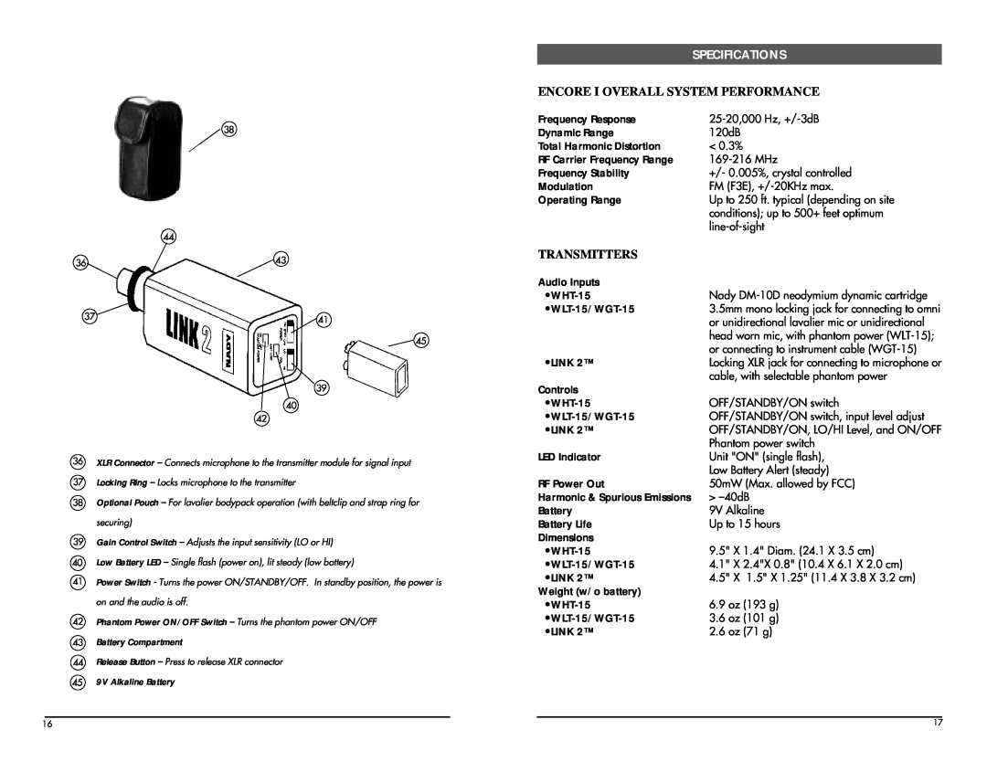 Nady Systems manual Specifications, Encore I Overall System Performance, Transmitters 