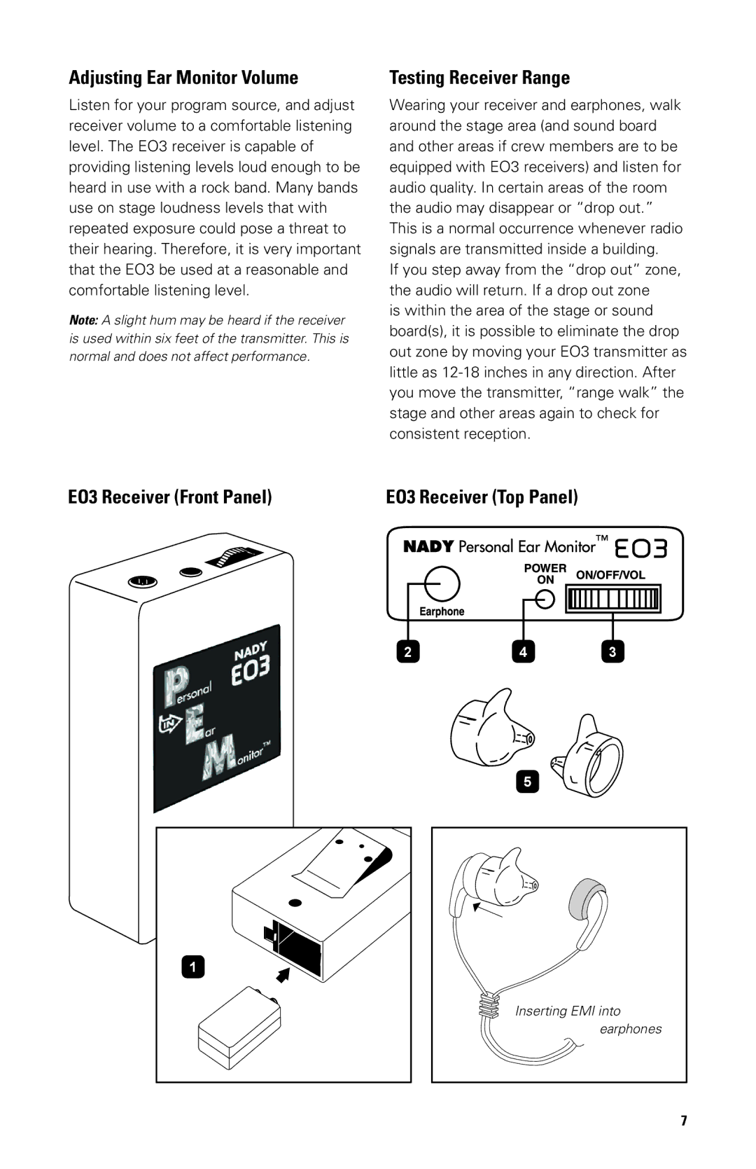 Nady Systems EO3EE, EO3RXFF, EO3RXEE, EO3RXBB Adjusting Ear Monitor Volume, Testing Receiver Range, EO3 Receiver Front Panel 