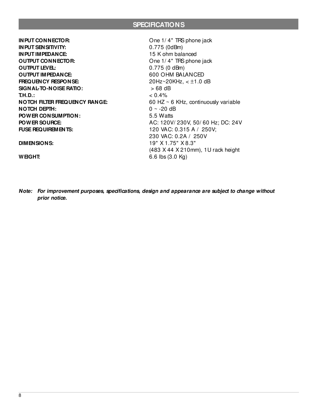 Nady Systems FS4N manual Specifications 