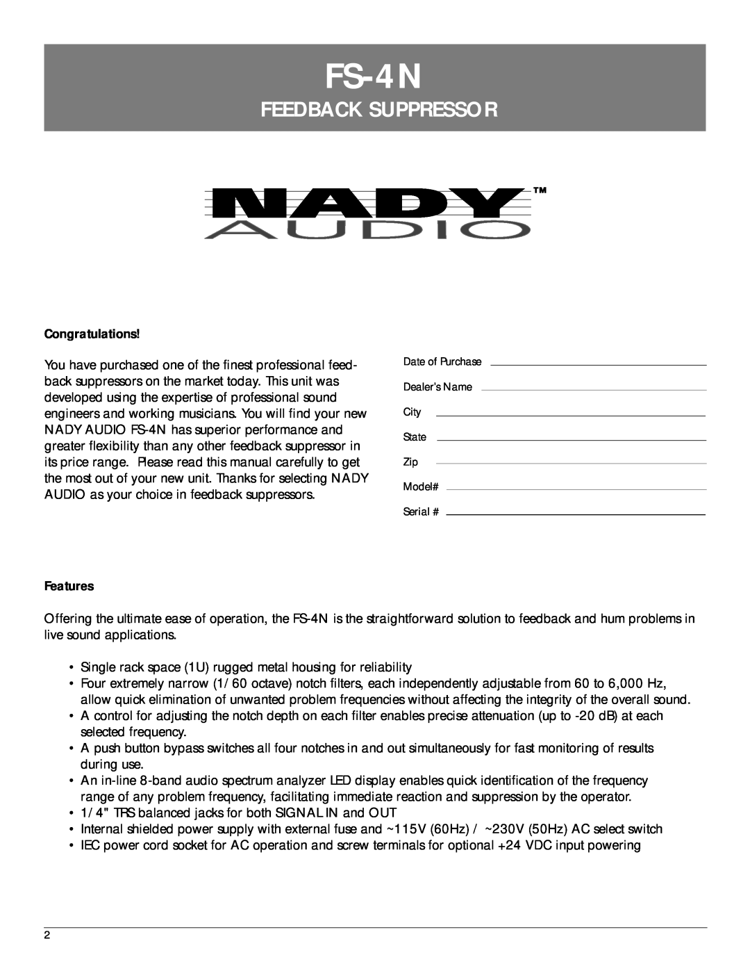 Nady Systems FS4N manual FS-4N, Feedback Suppressor 