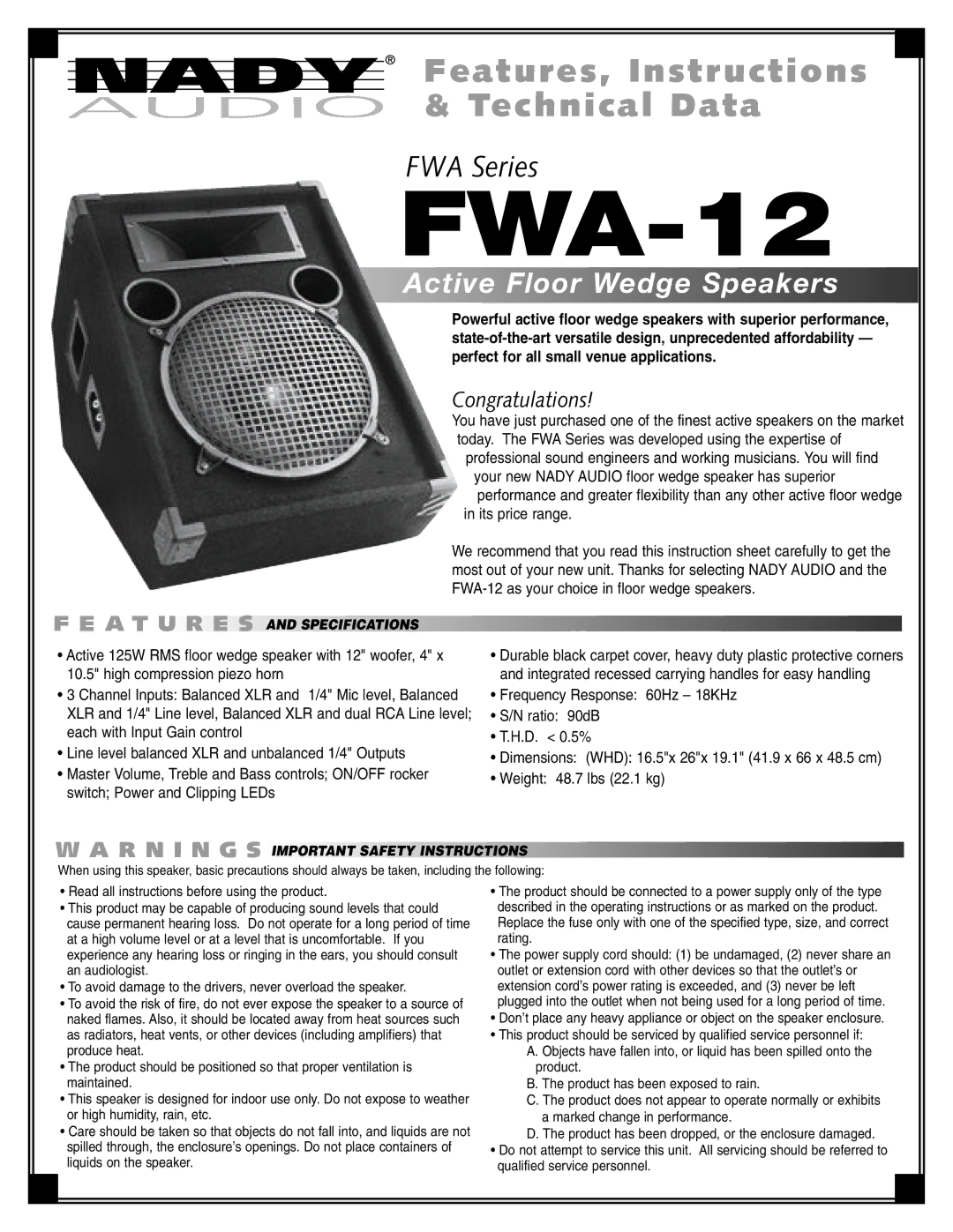 Nady Systems FWA12 instruction sheet FWA-12, R N I N G S Important Safety Instructions 