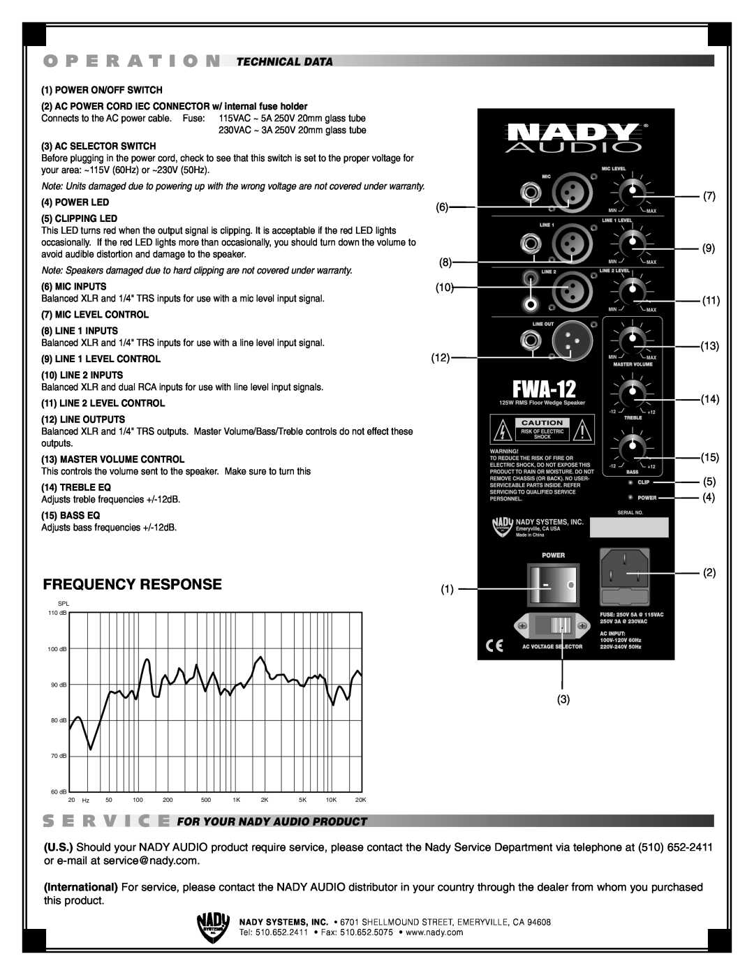 Nady Systems FWA12 instruction sheet O P E R A T I On, S E Rvice, Frequency Response, For Your Nady Audio Product 