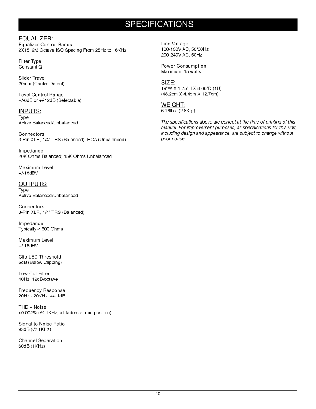 Nady Systems GEQ 215 owner manual Specifications 