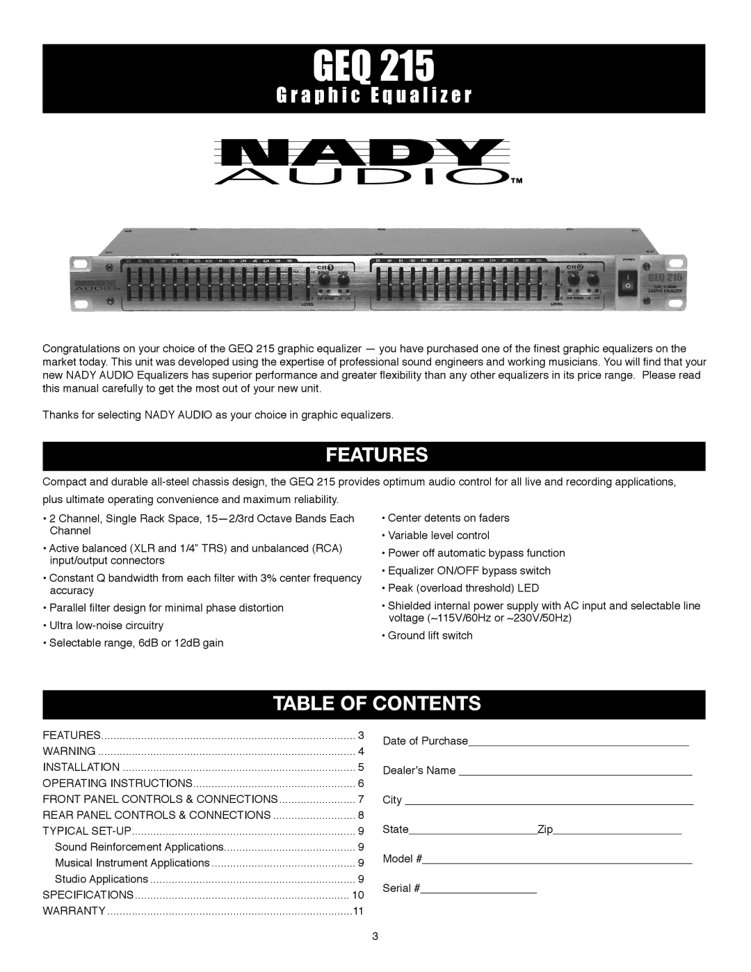 Nady Systems GEQ 215 owner manual Features, Table of Contents 